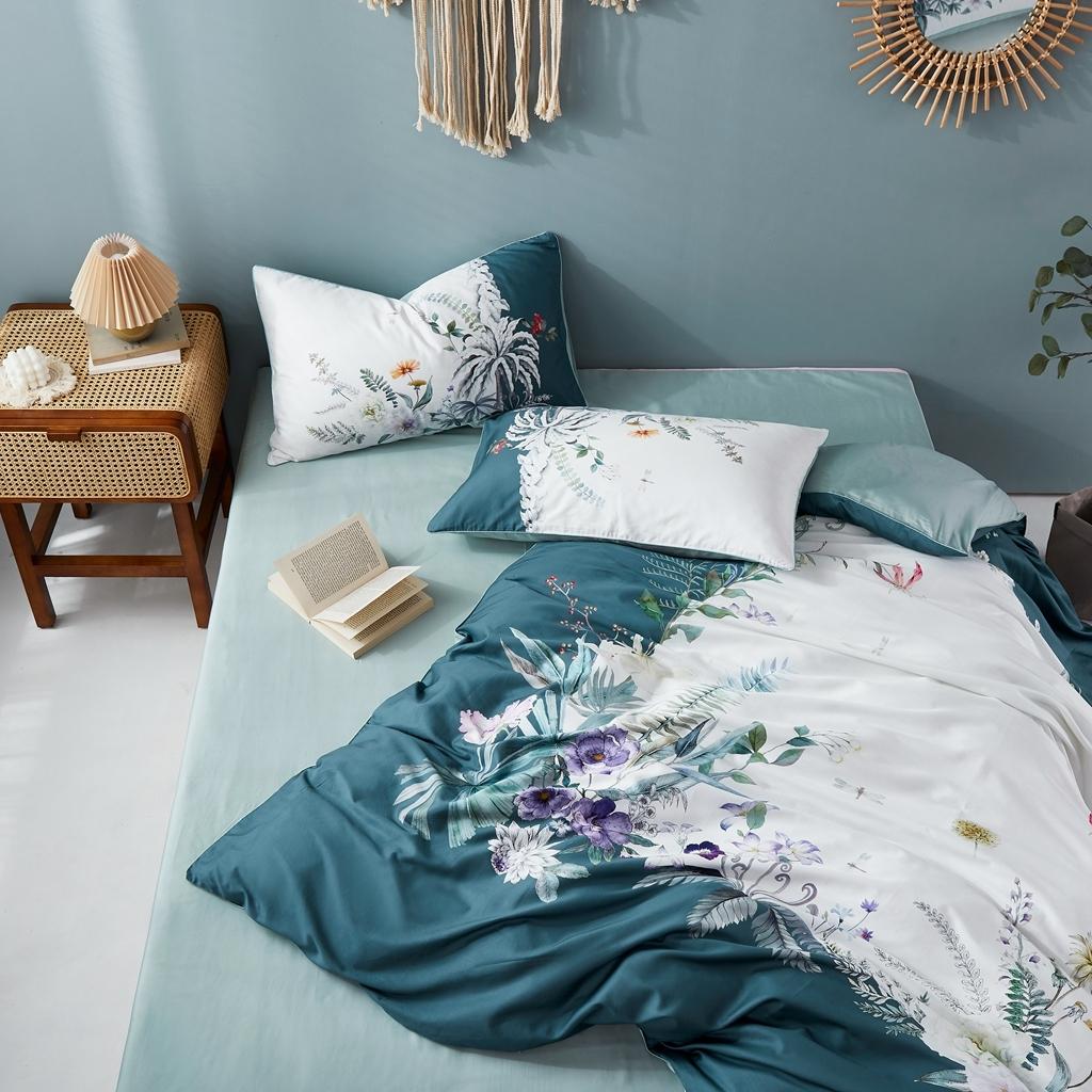 91家纺网 家纺一手货源 找家纺 优然居2020新款60S长绒棉数码印花镶边款四件套 艾德琳绿