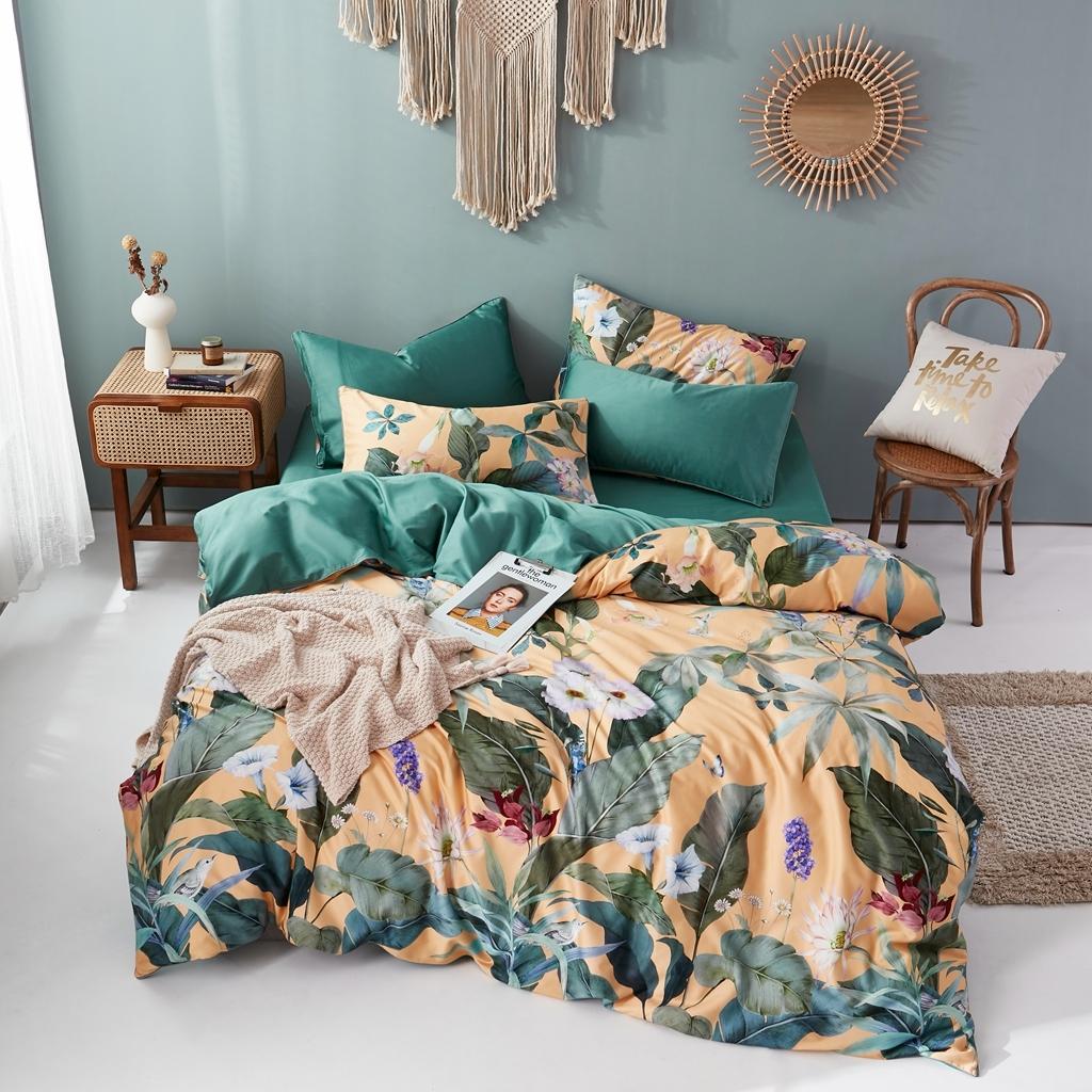 91家纺网 家纺一手货源 找家纺 优然居2020新款60S长绒棉数码印花镶边款四件套 奥若拉黄