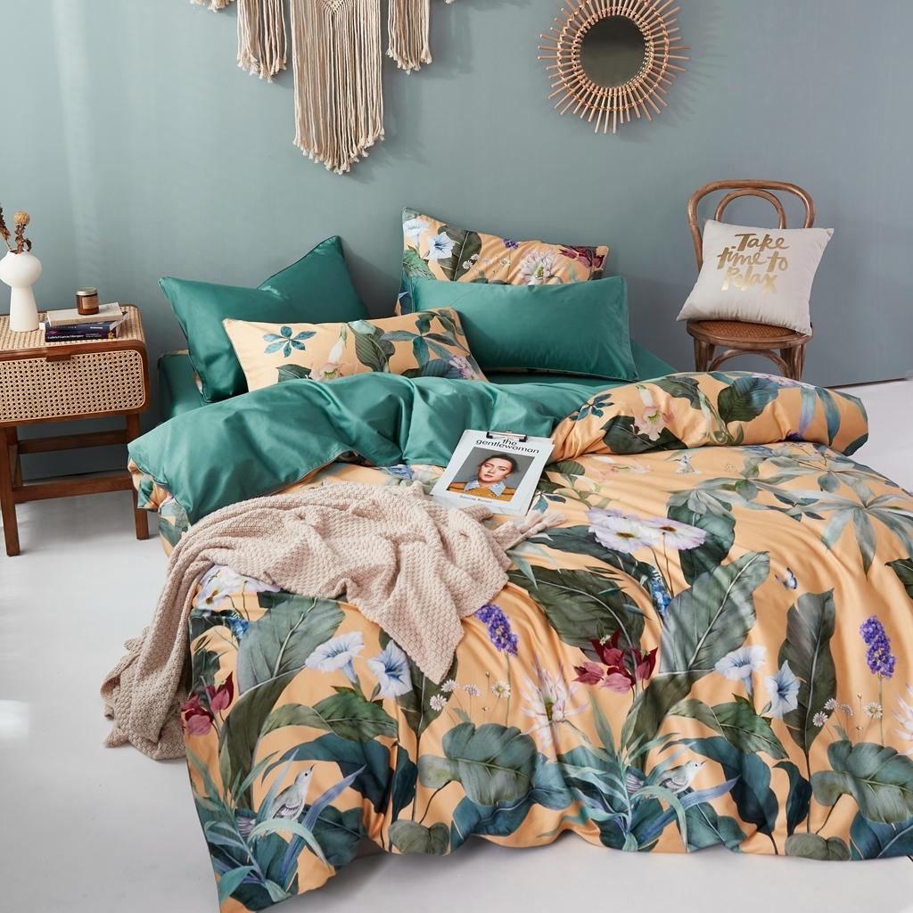 91家纺网 家纺一手货源 找家纺 优然居2020新款60S长绒棉数码印花镶边款四件套 奥若拉黄