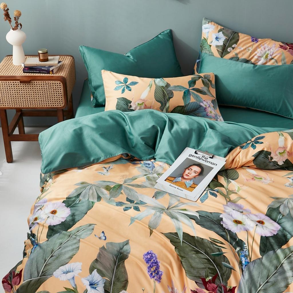 91家纺网 家纺一手货源 找家纺 优然居2020新款60S长绒棉数码印花镶边款四件套 奥若拉黄