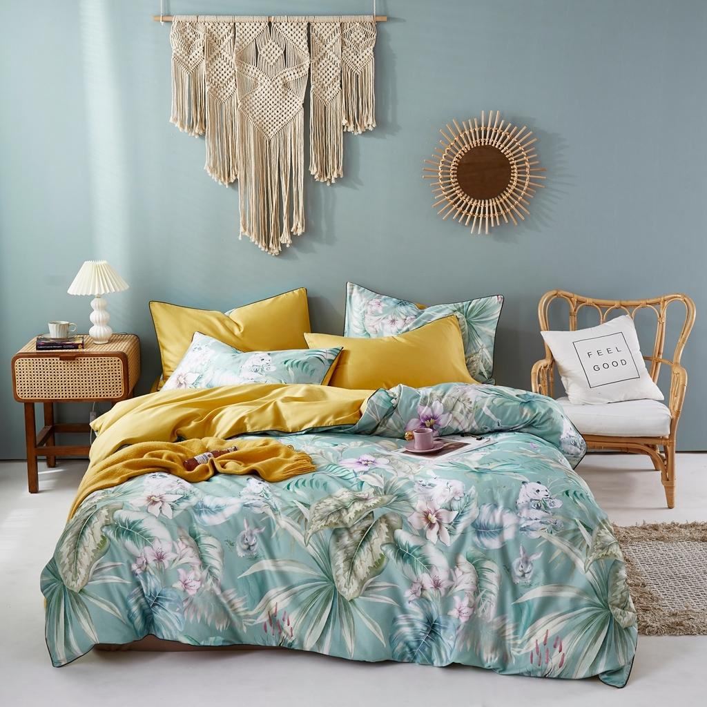 91家纺网 家纺一手货源 找家纺 优然居2020新款60S长绒棉数码印花镶边款四件套 坎迪丝绿