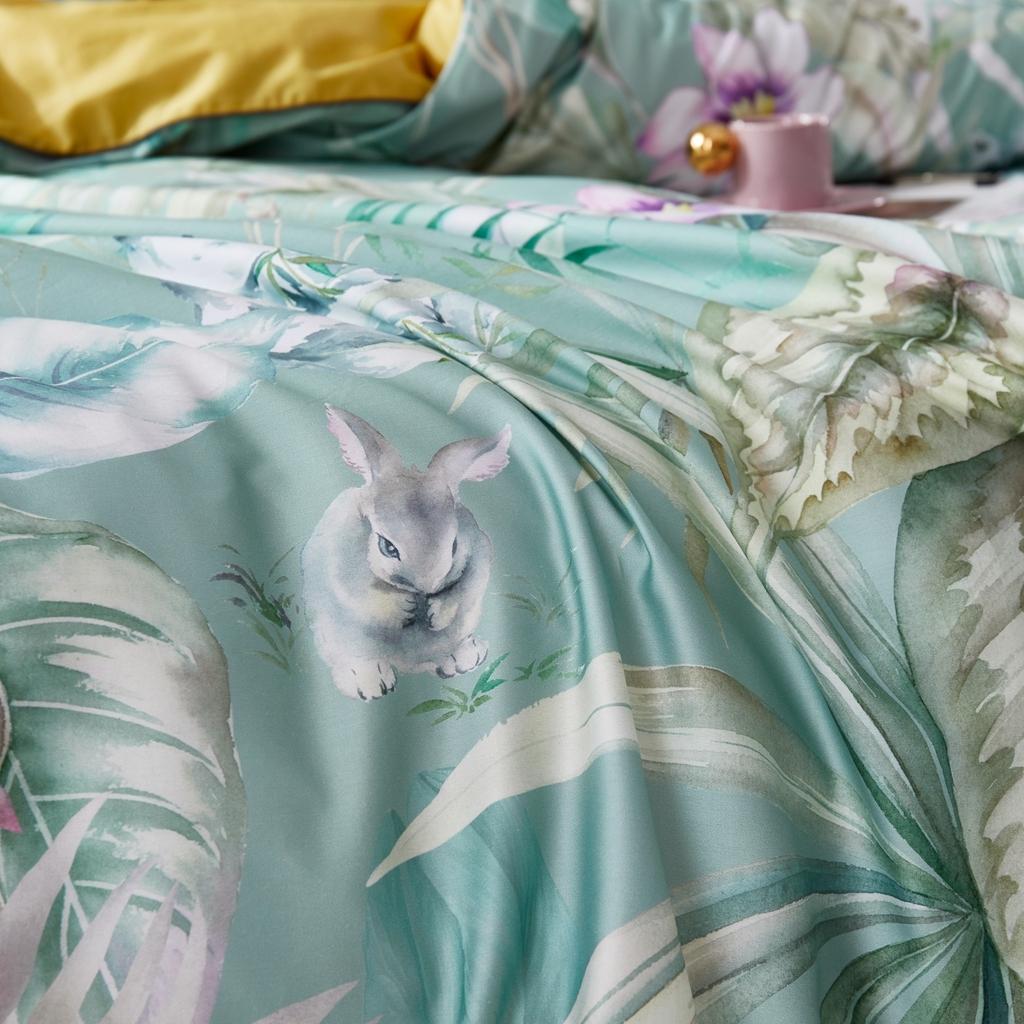 91家纺网 家纺一手货源 找家纺 优然居2020新款60S长绒棉数码印花镶边款四件套 坎迪丝绿