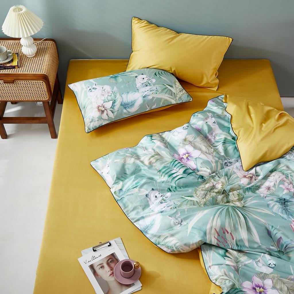 91家纺网 家纺一手货源 找家纺 优然居2020新款60S长绒棉数码印花镶边款四件套 坎迪丝绿