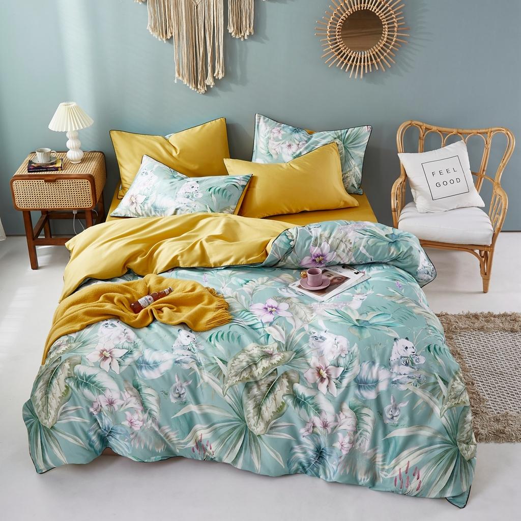 91家纺网 家纺一手货源 找家纺 优然居2020新款60S长绒棉数码印花镶边款四件套 坎迪丝绿