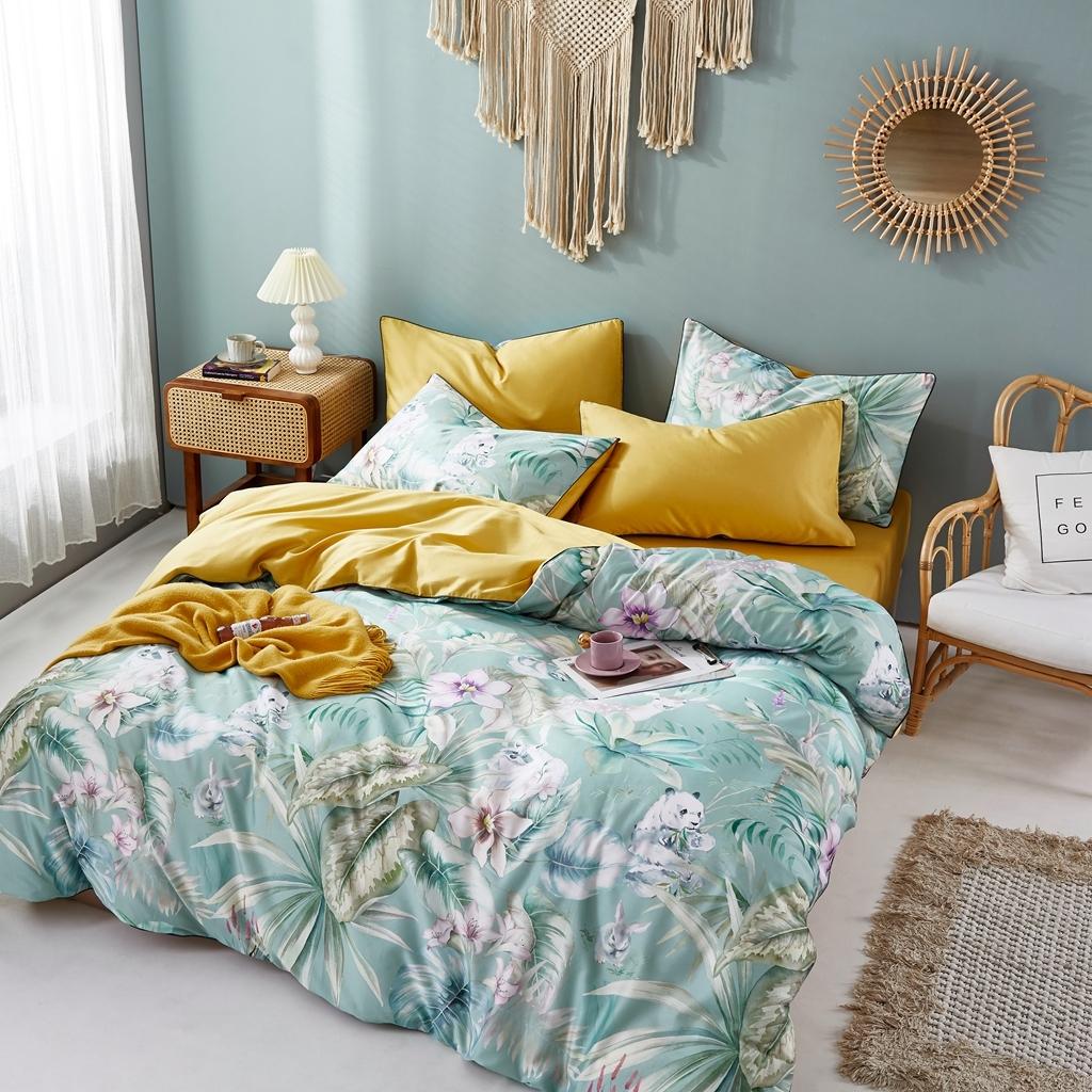 91家纺网 家纺一手货源 找家纺 优然居2020新款60S长绒棉数码印花镶边款四件套 坎迪丝绿