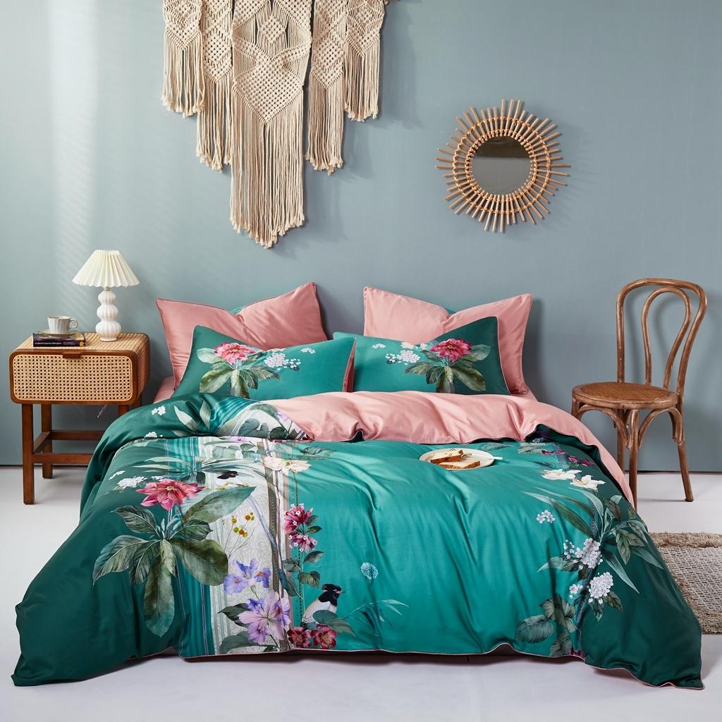 91家纺网 家纺一手货源 找家纺 优然居2020新款60S长绒棉数码印花镶边款四件套 克里斯绿