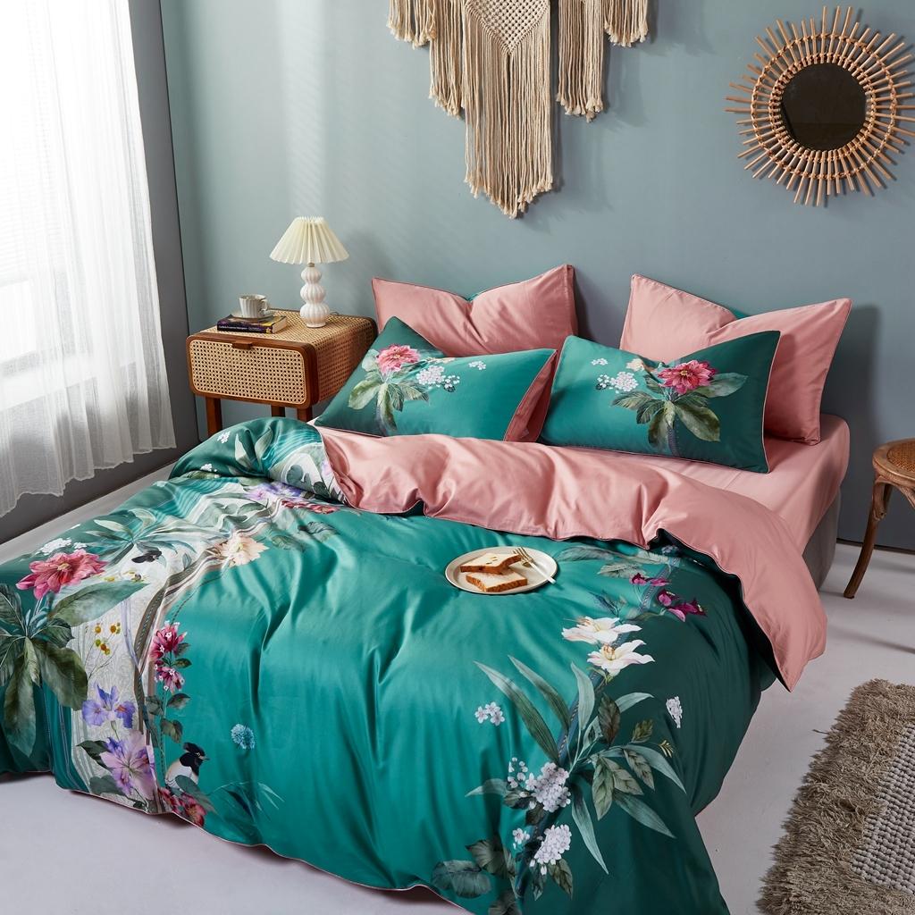 91家纺网 家纺一手货源 找家纺 优然居2020新款60S长绒棉数码印花镶边款四件套 克里斯绿