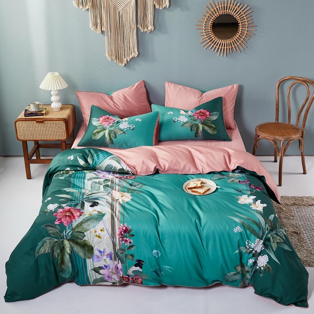 91家纺网 家纺一手货源 找家纺 优然居2020新款60S长绒棉数码印花镶边款四件套 克里斯绿