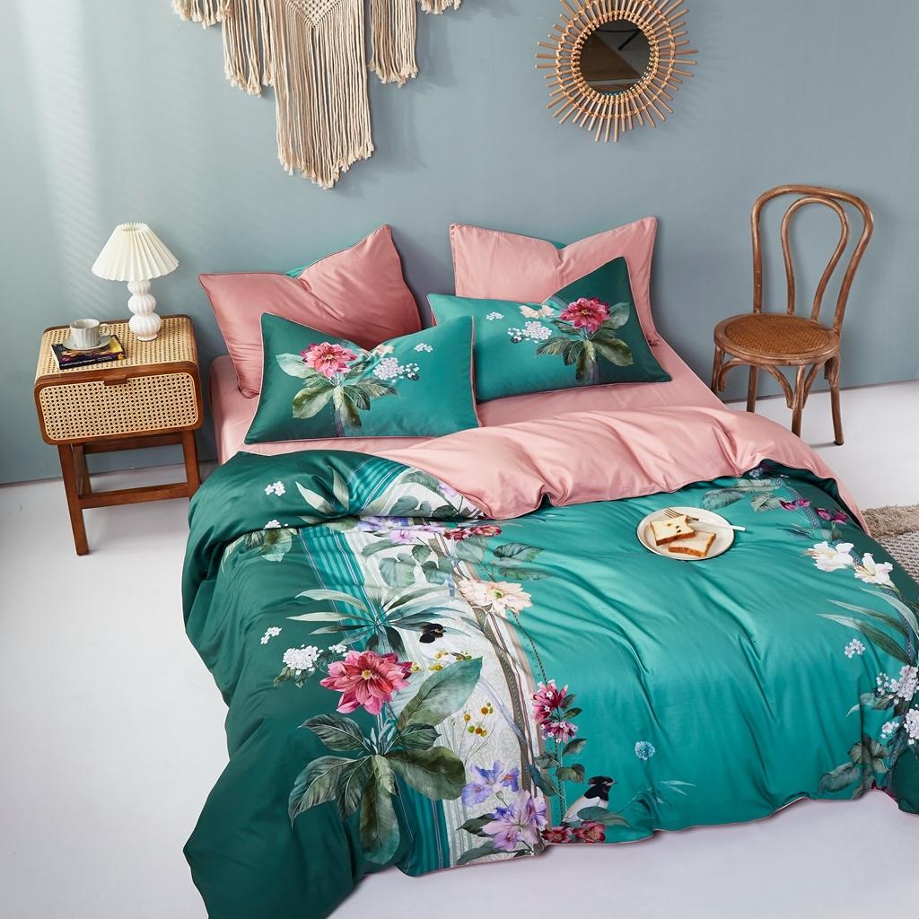 91家纺网 家纺一手货源 找家纺 优然居2020新款60S长绒棉数码印花镶边款四件套 克里斯绿