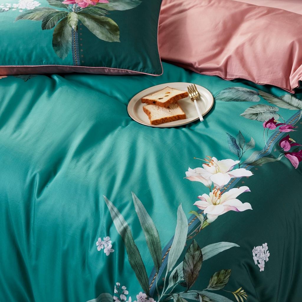 91家纺网 家纺一手货源 找家纺 优然居2020新款60S长绒棉数码印花镶边款四件套 克里斯绿