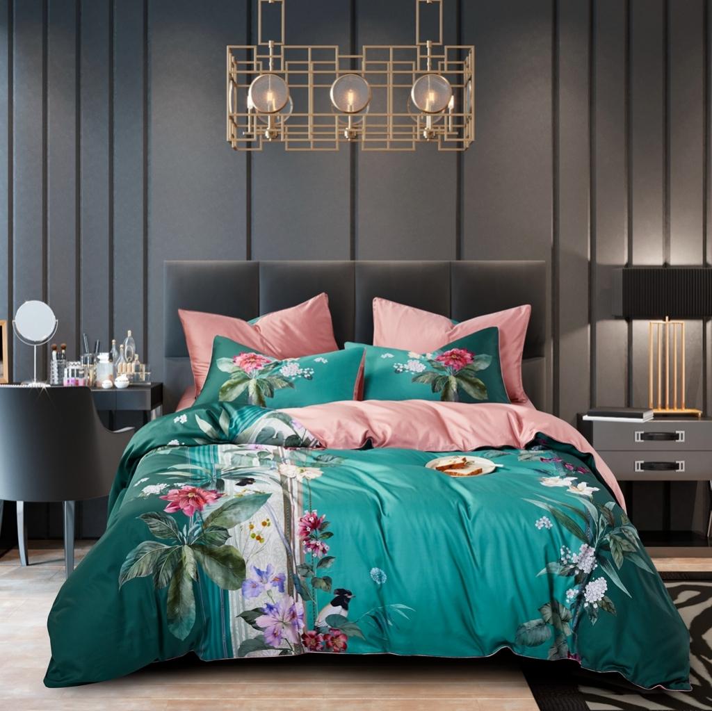 91家纺网 家纺一手货源 找家纺 优然居2020新款60S长绒棉数码印花镶边款四件套 克里斯绿