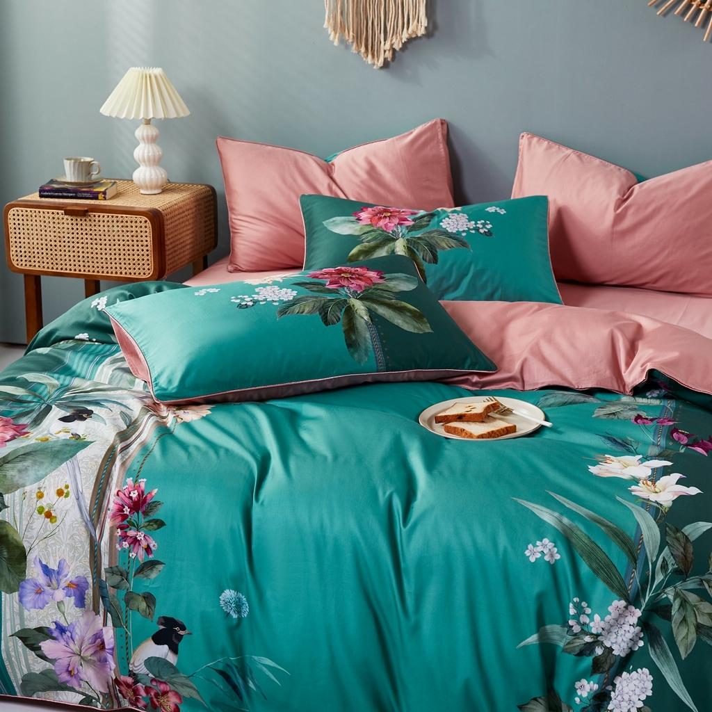 91家纺网 家纺一手货源 找家纺 优然居2020新款60S长绒棉数码印花镶边款四件套 克里斯绿