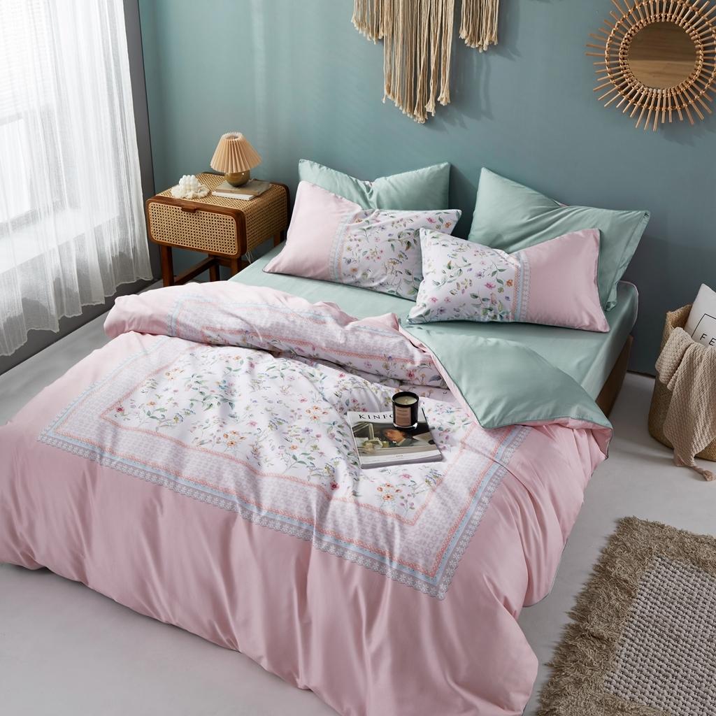 91家纺网 家纺一手货源 找家纺 优然居2020新款60S长绒棉数码印花镶边款四件套 欧若拉粉