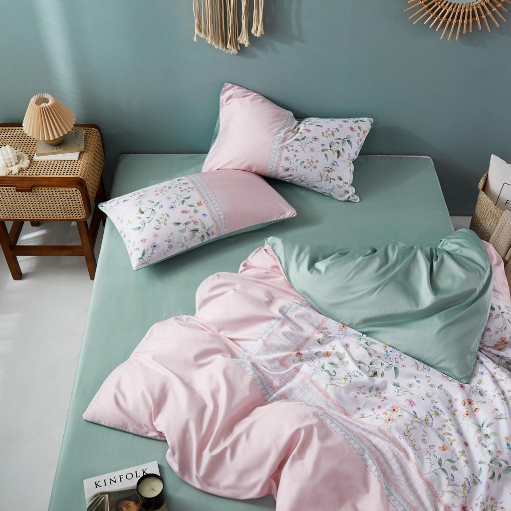 91家纺网 家纺一手货源 找家纺 优然居2020新款60S长绒棉数码印花镶边款四件套 欧若拉粉