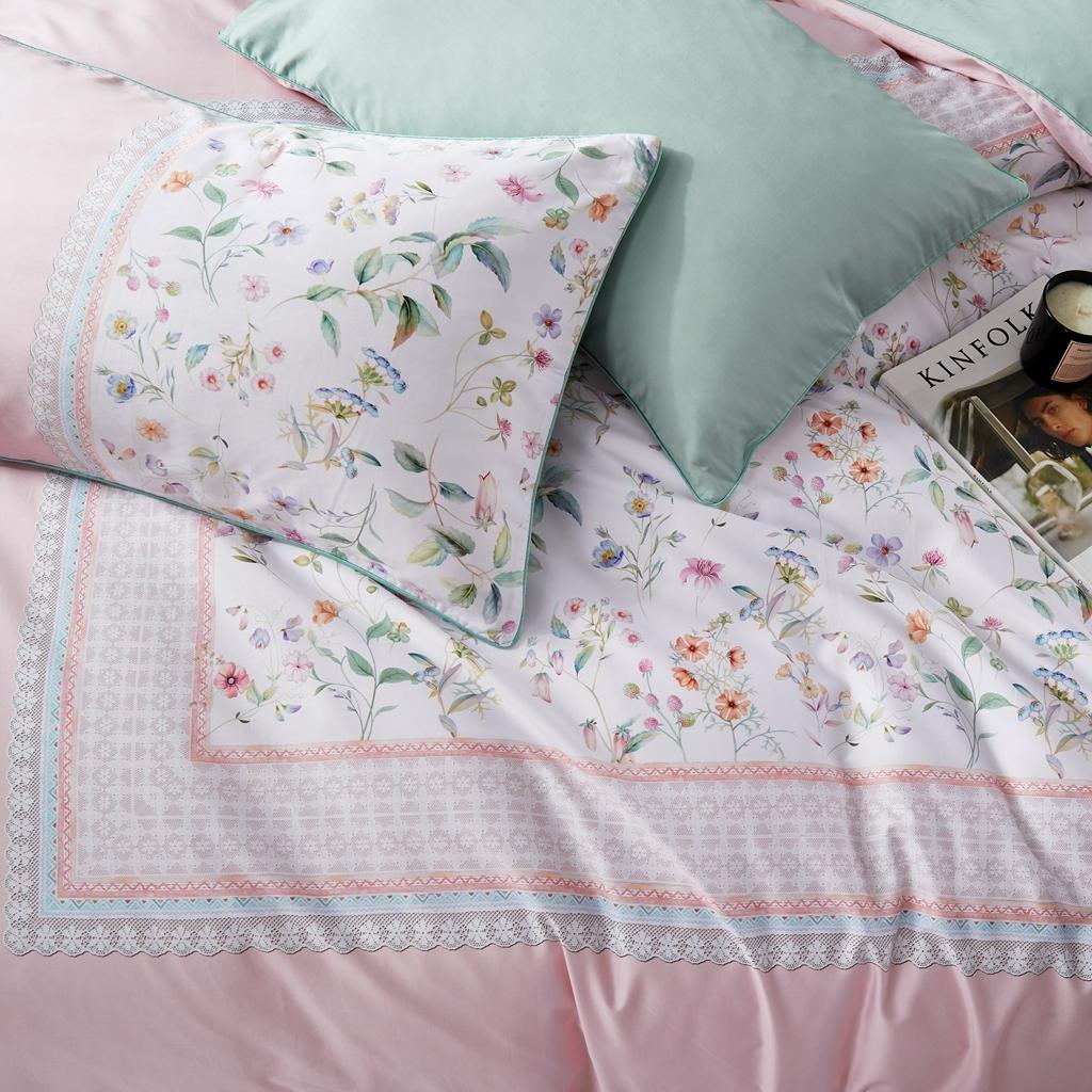 91家纺网 家纺一手货源 找家纺 优然居2020新款60S长绒棉数码印花镶边款四件套 欧若拉粉