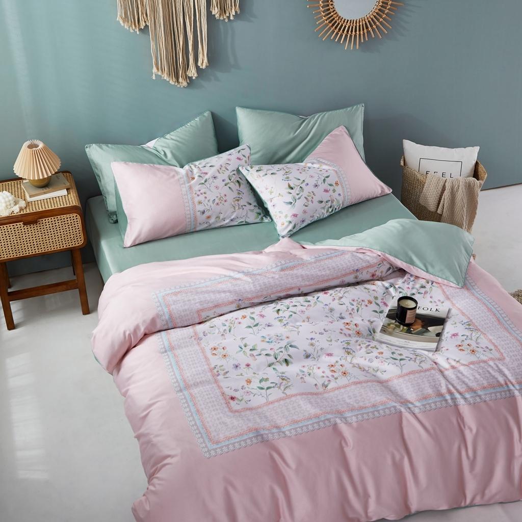 91家纺网 家纺一手货源 找家纺 优然居2020新款60S长绒棉数码印花镶边款四件套 欧若拉粉