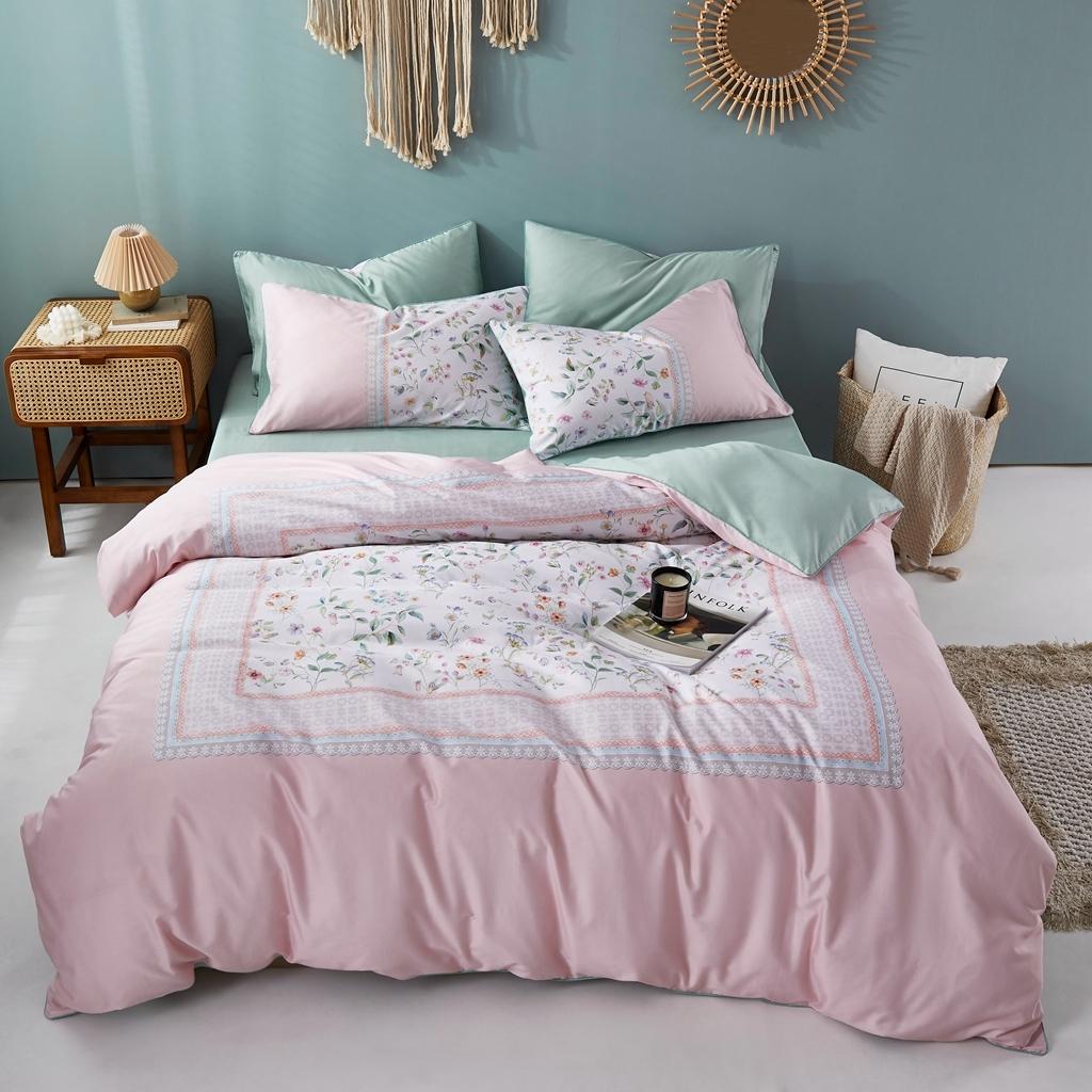 91家纺网 家纺一手货源 找家纺 优然居2020新款60S长绒棉数码印花镶边款四件套 欧若拉粉