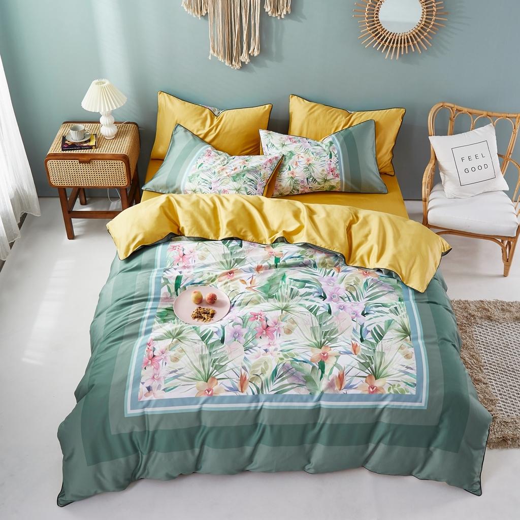 91家纺网 家纺一手货源 找家纺 优然居2020新款60S长绒棉数码印花镶边款四件套 塞尔玛米