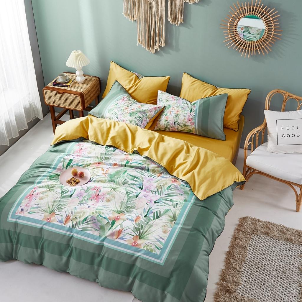 91家纺网 家纺一手货源 找家纺 优然居2020新款60S长绒棉数码印花镶边款四件套 塞尔玛米