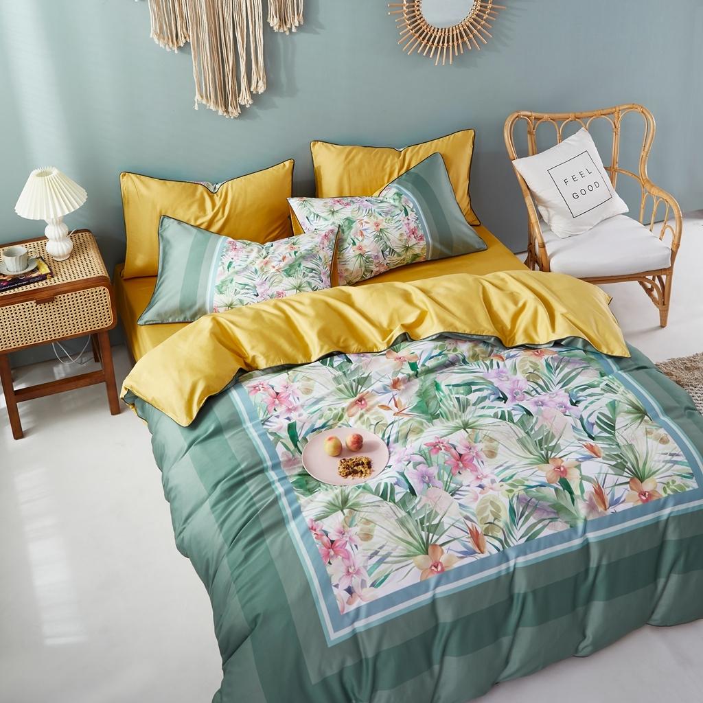 91家纺网 家纺一手货源 找家纺 优然居2020新款60S长绒棉数码印花镶边款四件套 塞尔玛米