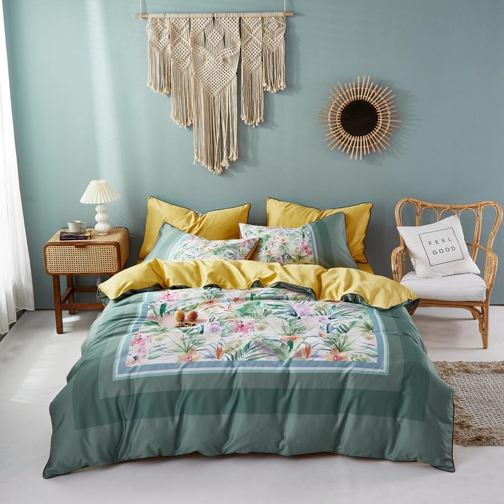 91家纺网 家纺一手货源 找家纺 优然居2020新款60S长绒棉数码印花镶边款四件套 塞尔玛米