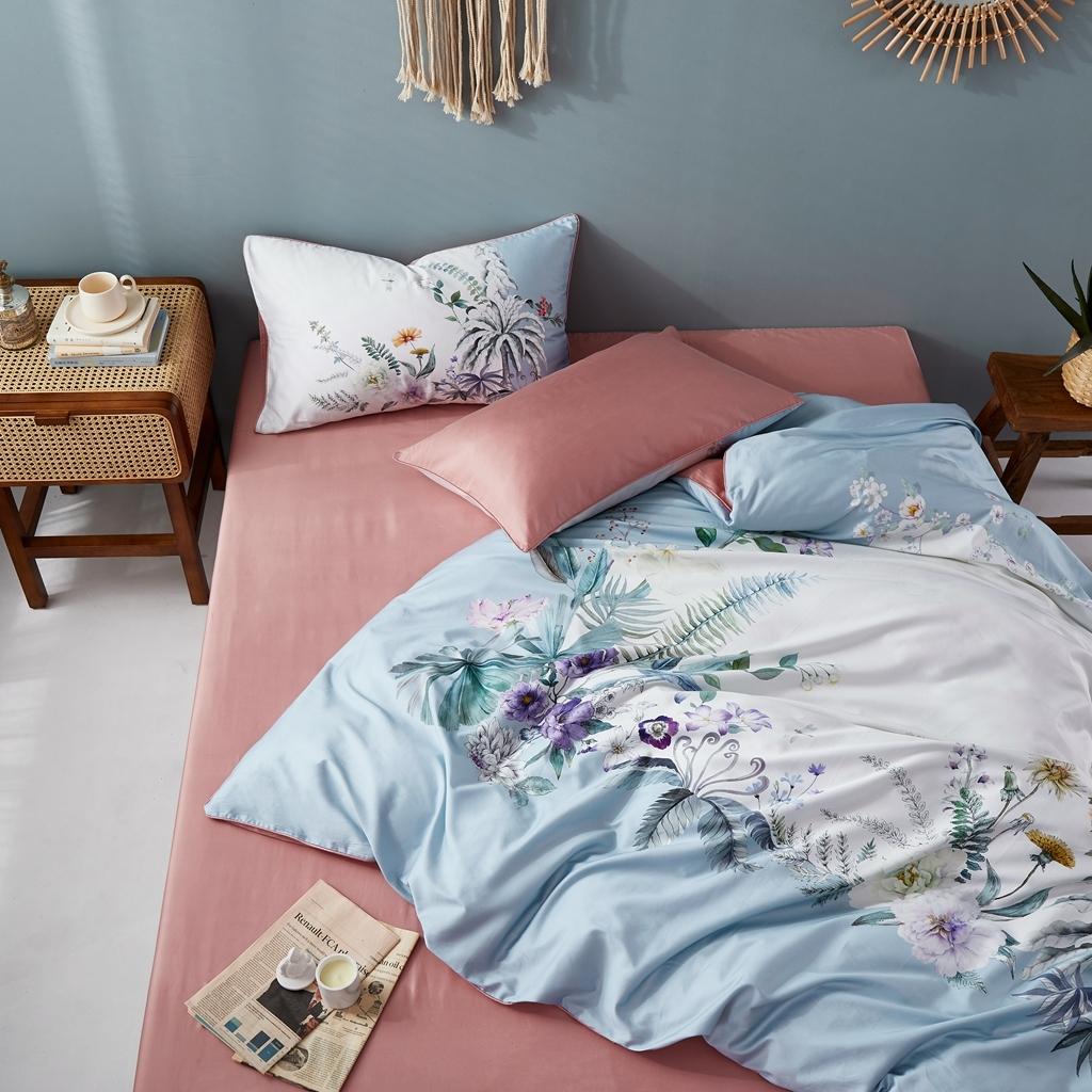 91家纺网 家纺一手货源 找家纺 优然居2020新款60S长绒棉数码印花镶边款四件套 舒雅风情