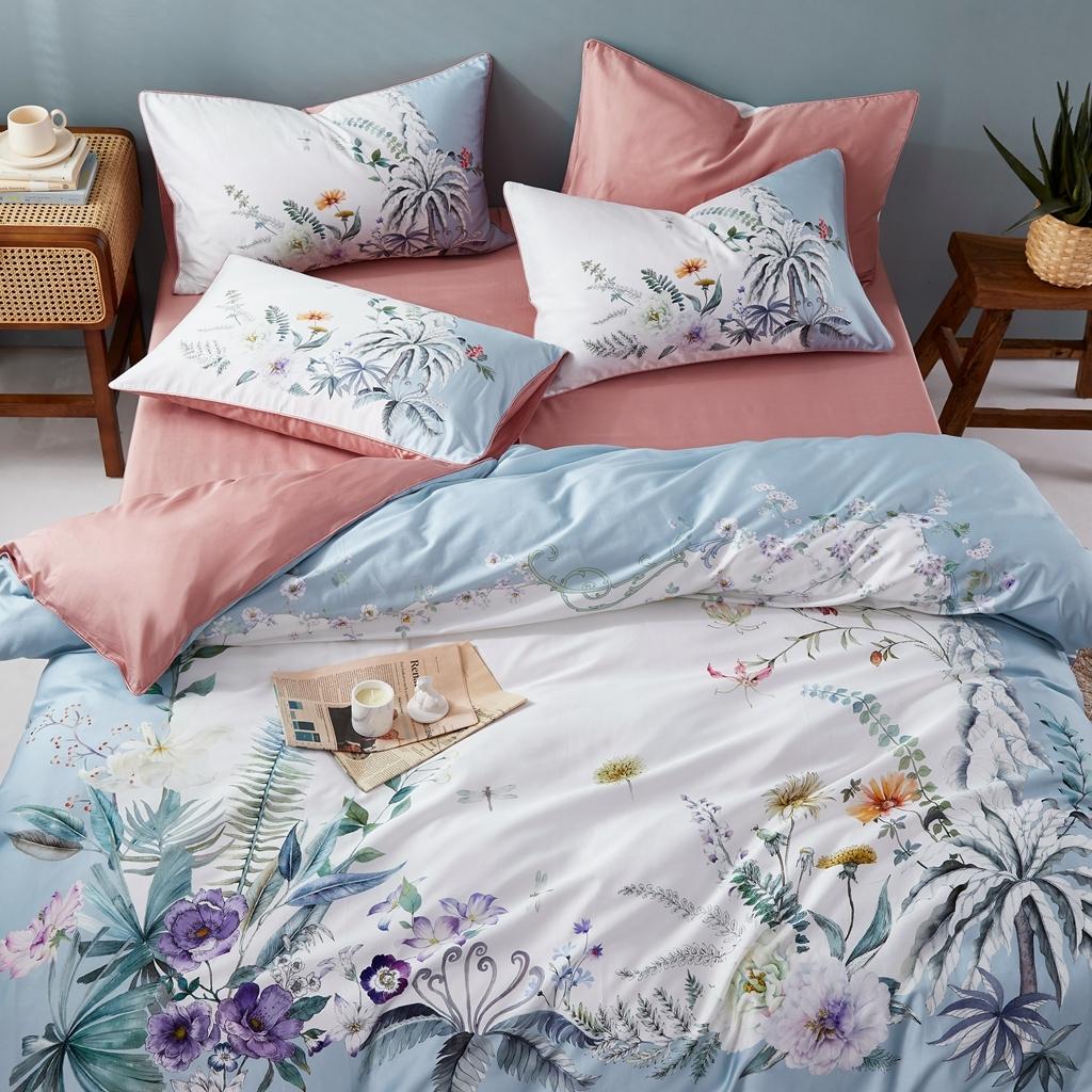 91家纺网 家纺一手货源 找家纺 优然居2020新款60S长绒棉数码印花镶边款四件套 舒雅风情