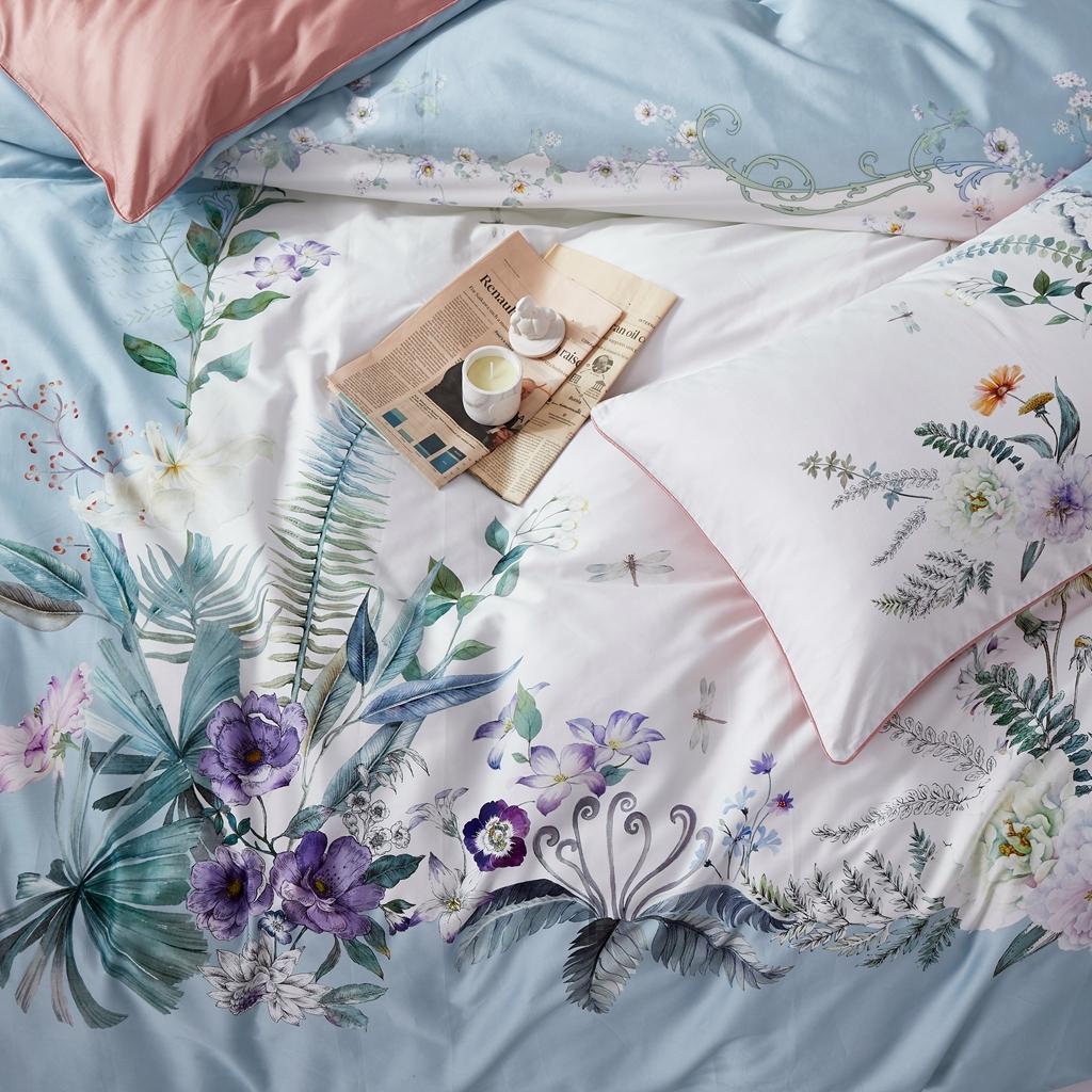 91家纺网 家纺一手货源 找家纺 优然居2020新款60S长绒棉数码印花镶边款四件套 舒雅风情