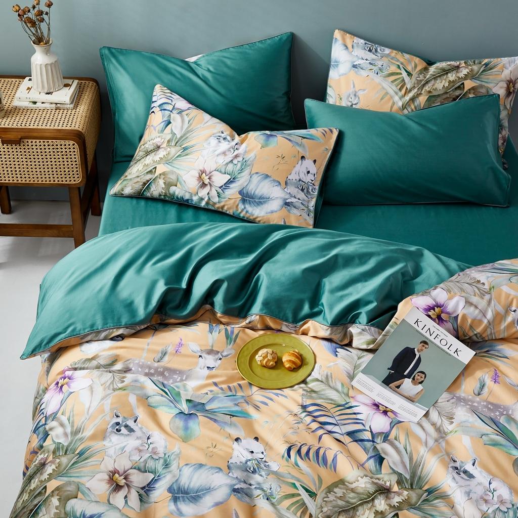 91家纺网 家纺一手货源 找家纺 优然居2020新款60S长绒棉数码印花镶边款四件套 温妮莎黄