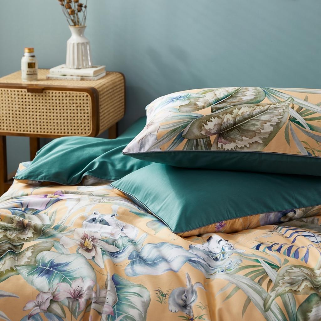 91家纺网 家纺一手货源 找家纺 优然居2020新款60S长绒棉数码印花镶边款四件套 温妮莎黄