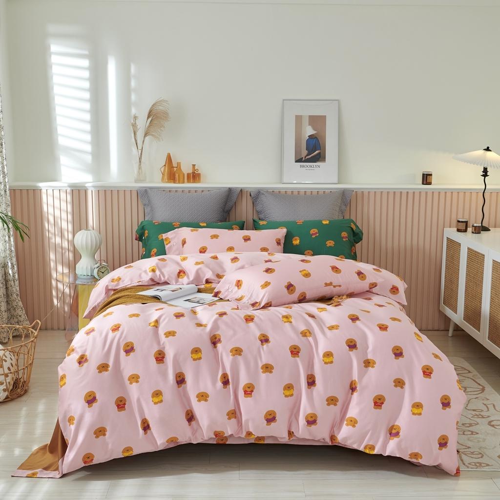 91家纺网 家纺一手货源 找家纺 优然居 2020新款60S长绒棉活性印花四件套 饼干熊粉