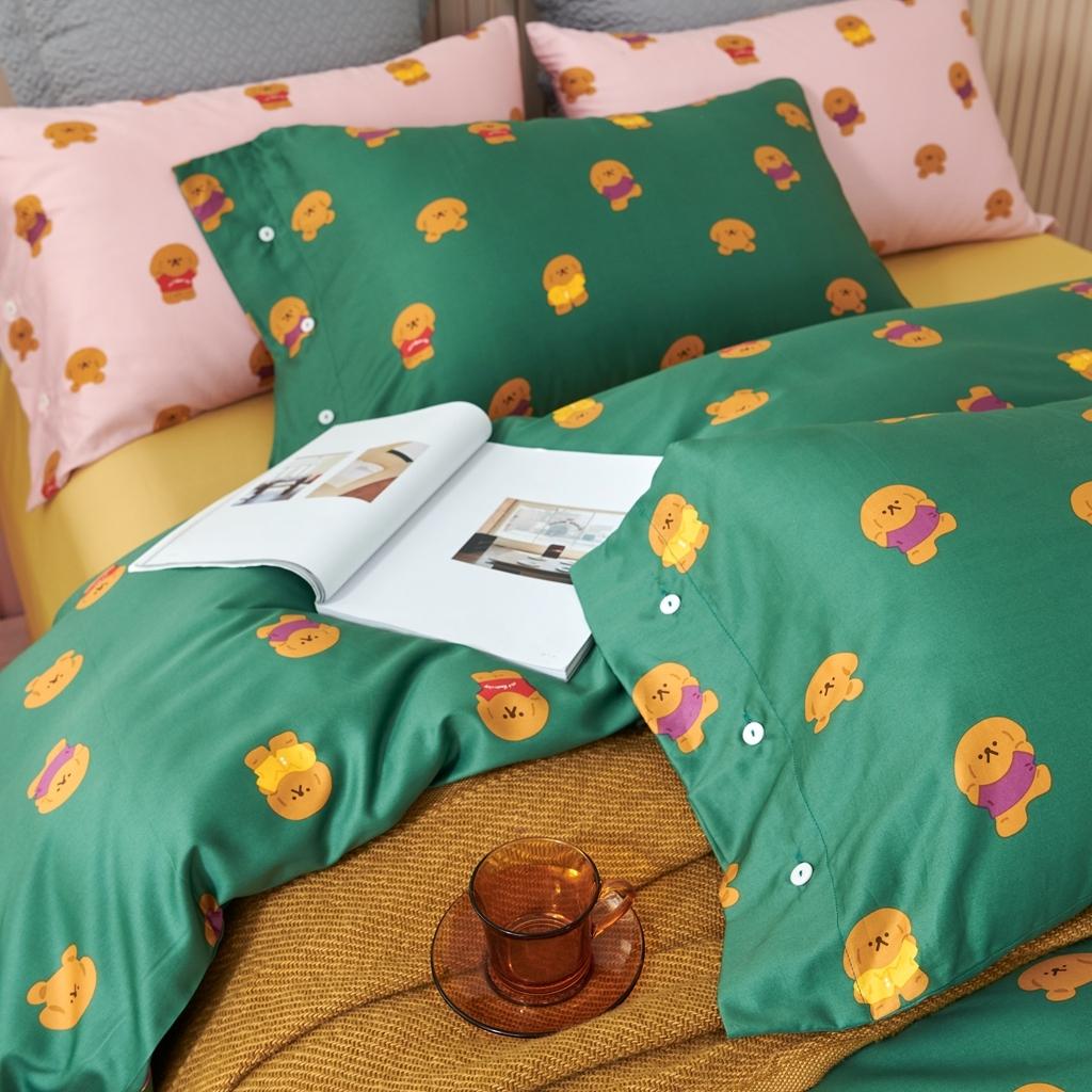 91家纺网 家纺一手货源 找家纺 优然居 2020新款60S长绒棉活性印花四件套 饼干熊绿