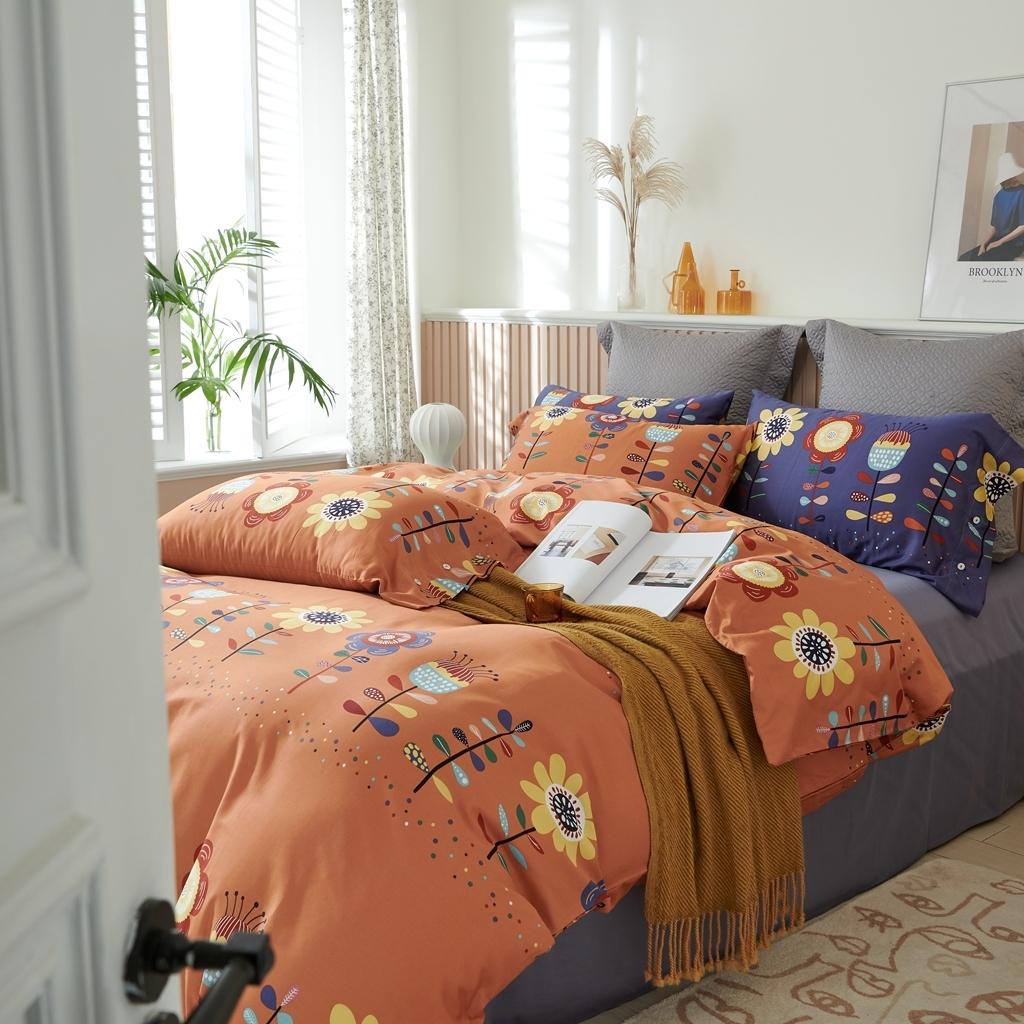 91家纺网 家纺一手货源 找家纺 优然居 2020新款60S长绒棉活性印花四件套 春华橘色