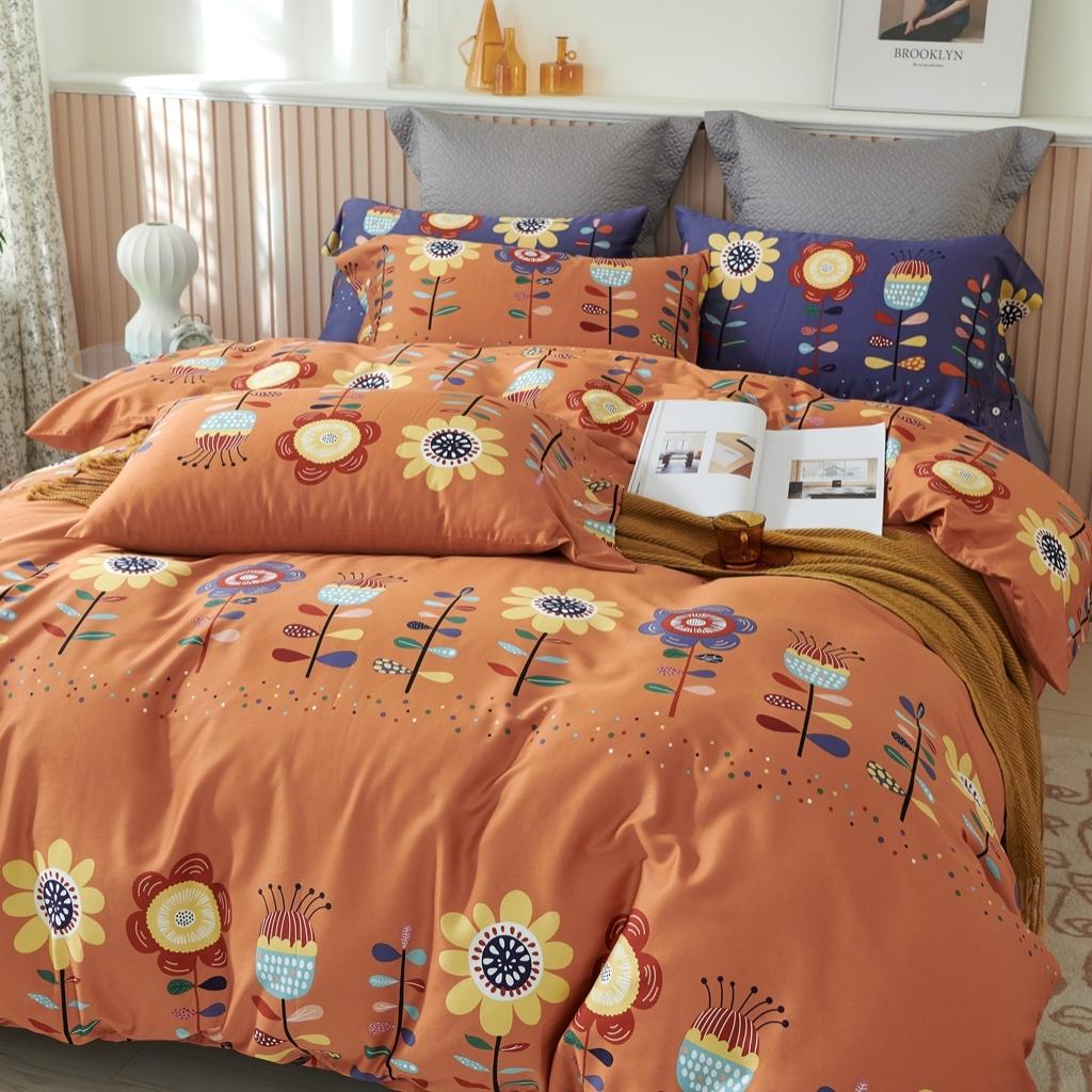 91家纺网 家纺一手货源 找家纺 优然居 2020新款60S长绒棉活性印花四件套 春华橘色