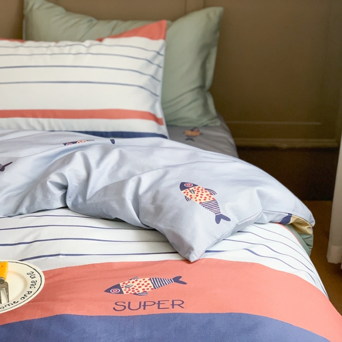 91家纺网 家纺一手货源 找家纺 时年 2020新款40支全棉莫兰迪系列四件套 飞鱼