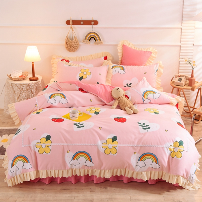 91家纺网 家纺一手货源 找家纺 梦之岛 2020新款韩版磨毛蕾丝四件套 草莓恋歌-粉