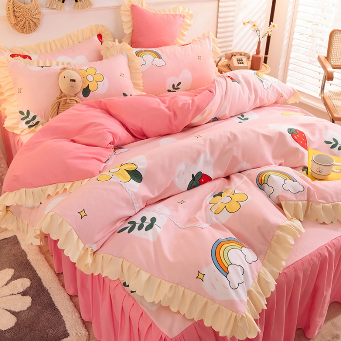 91家纺网 家纺一手货源 找家纺 梦之岛 2020新款韩版磨毛蕾丝四件套 草莓恋歌-粉