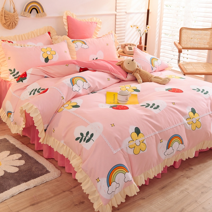 91家纺网 家纺一手货源 找家纺 梦之岛 2020新款韩版磨毛蕾丝四件套 草莓恋歌-粉