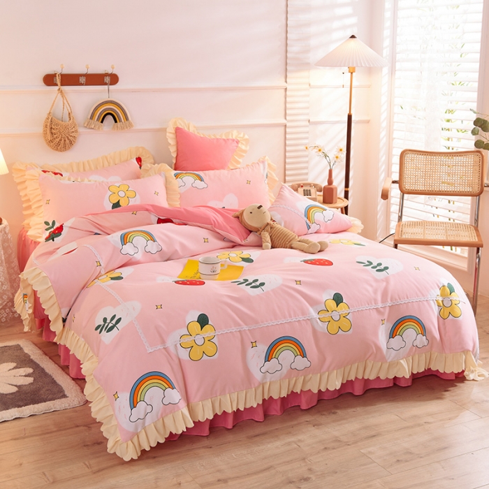 91家纺网 家纺一手货源 找家纺 梦之岛 2020新款韩版磨毛蕾丝四件套 草莓恋歌-粉