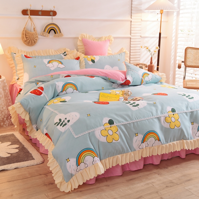 91家纺网 家纺一手货源 找家纺 梦之岛 2020新款韩版磨毛蕾丝四件套 草莓恋歌-蓝