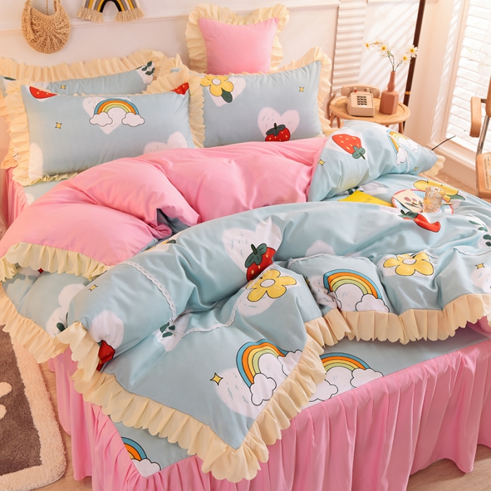 91家纺网 家纺一手货源 找家纺 梦之岛 2020新款韩版磨毛蕾丝四件套 草莓恋歌-蓝