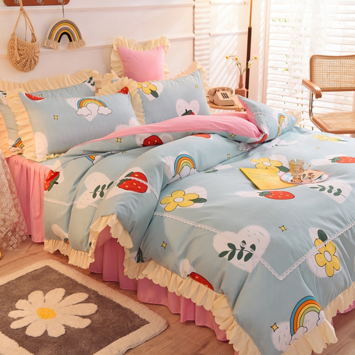 91家纺网 家纺一手货源 找家纺 梦之岛 2020新款韩版磨毛蕾丝四件套 草莓恋歌-蓝