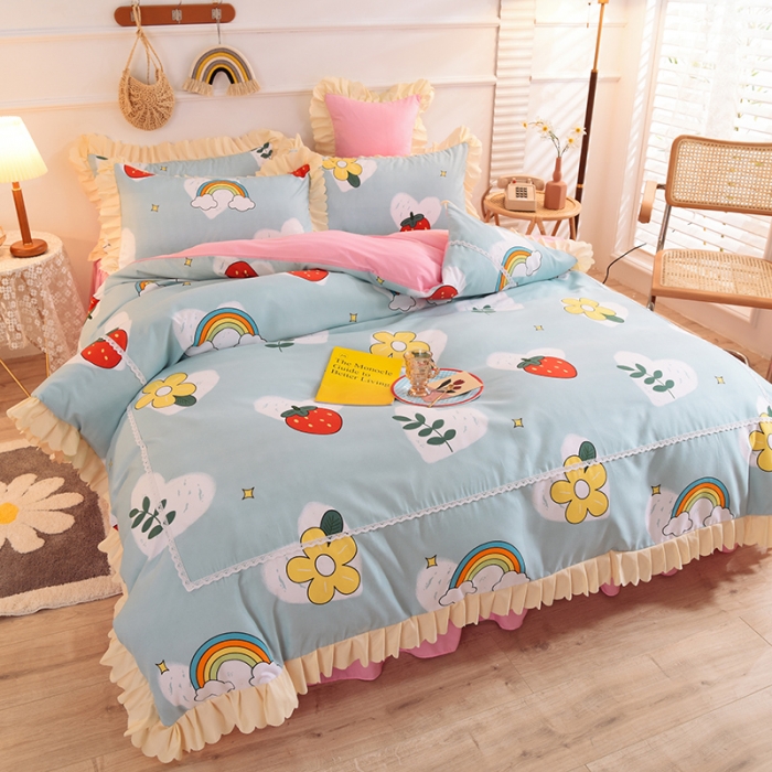 91家纺网 家纺一手货源 找家纺 梦之岛 2020新款韩版磨毛蕾丝四件套 草莓恋歌-蓝