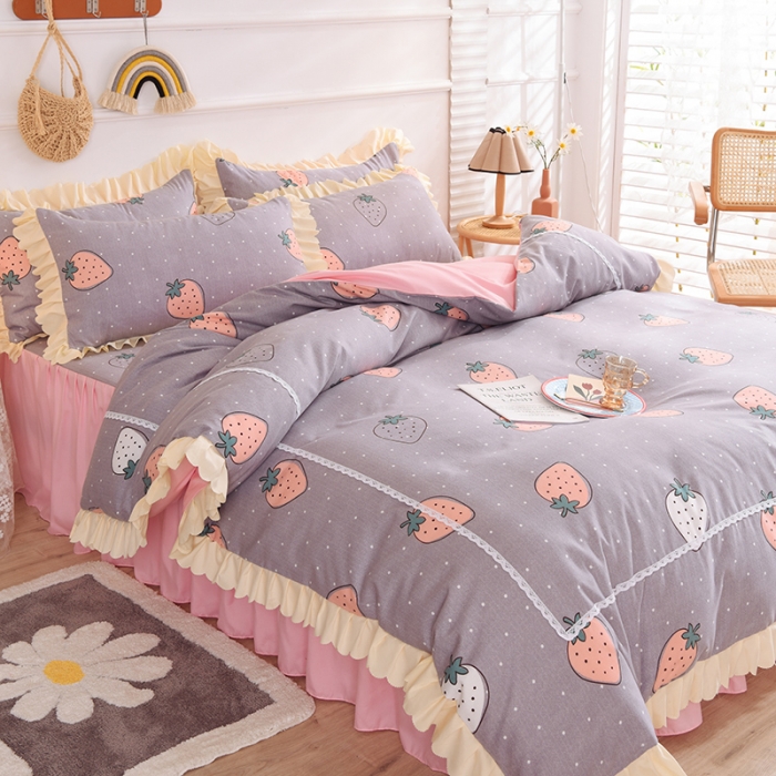 91家纺网 家纺一手货源 找家纺 梦之岛 2020新款韩版磨毛蕾丝四件套 草莓派