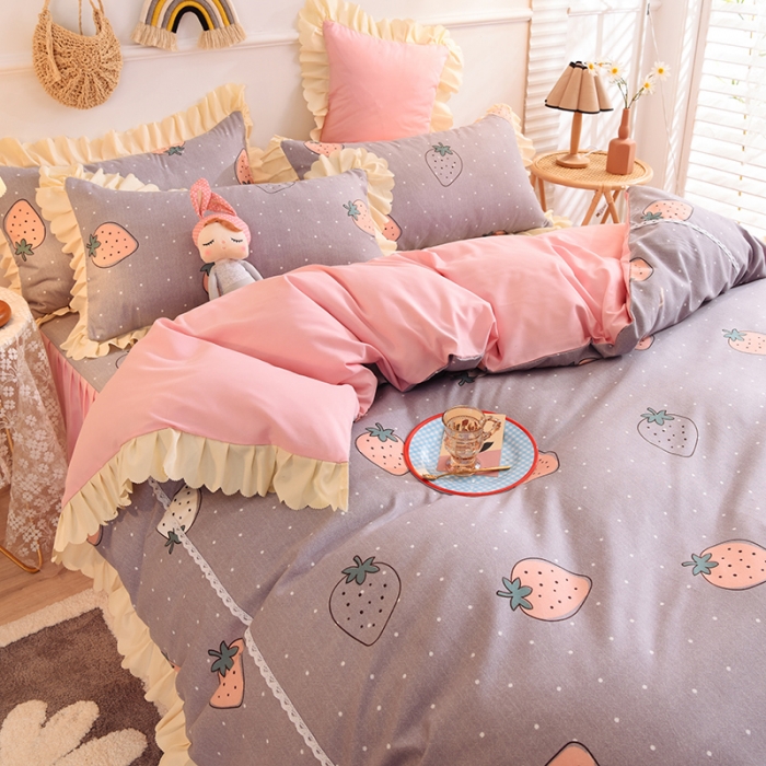 91家纺网 家纺一手货源 找家纺 梦之岛 2020新款韩版磨毛蕾丝四件套 草莓派