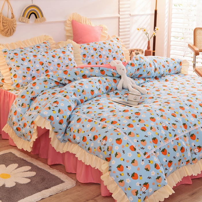 91家纺网 家纺一手货源 找家纺 梦之岛 2020新款韩版磨毛蕾丝四件套 草莓心语