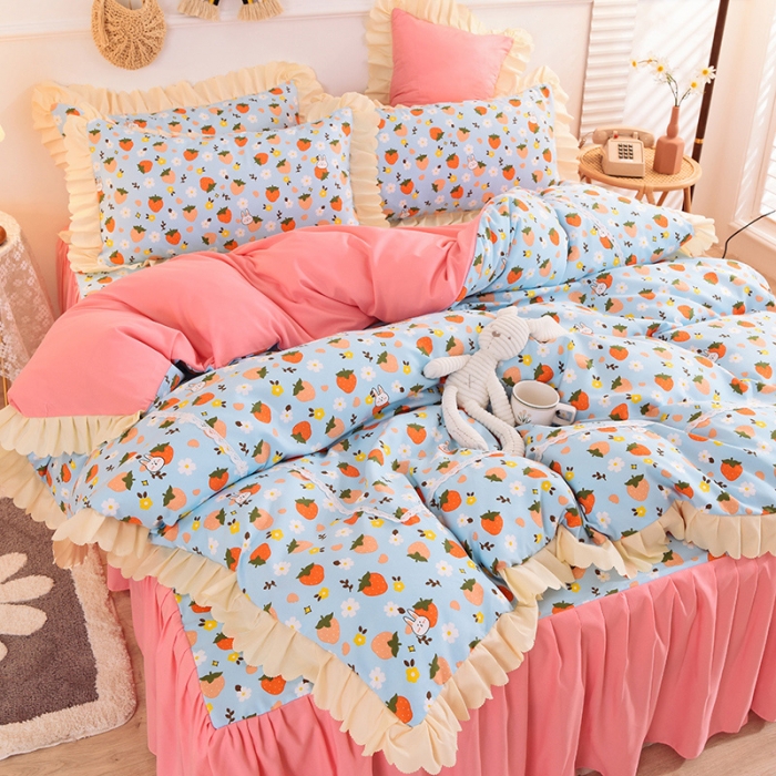 91家纺网 家纺一手货源 找家纺 梦之岛 2020新款韩版磨毛蕾丝四件套 草莓心语