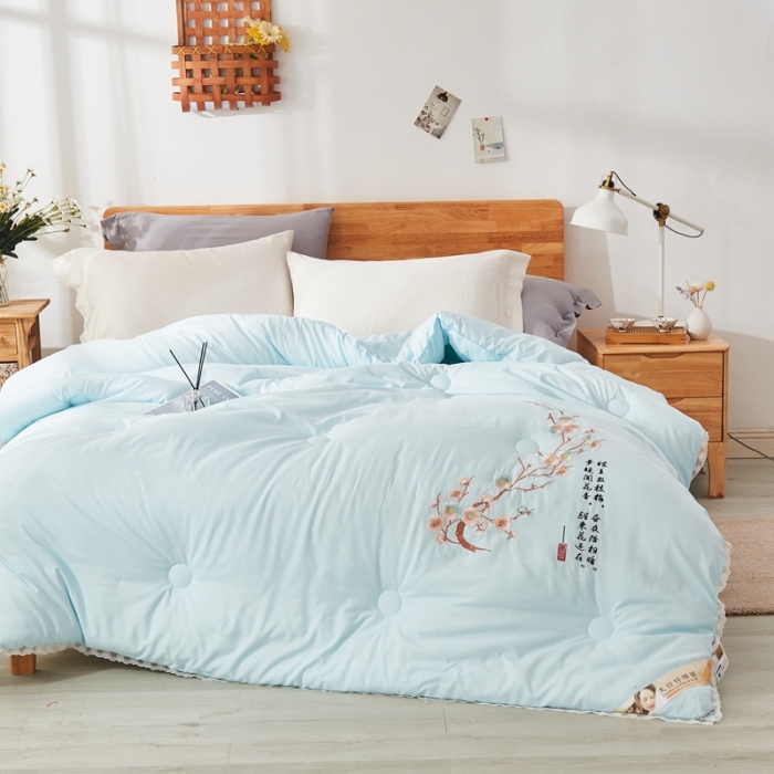 91家纺网 家纺一手货源 找家纺 啊雅家居2025新款肌理纹绣花花边羽丝绒被夜香梅 天兰色