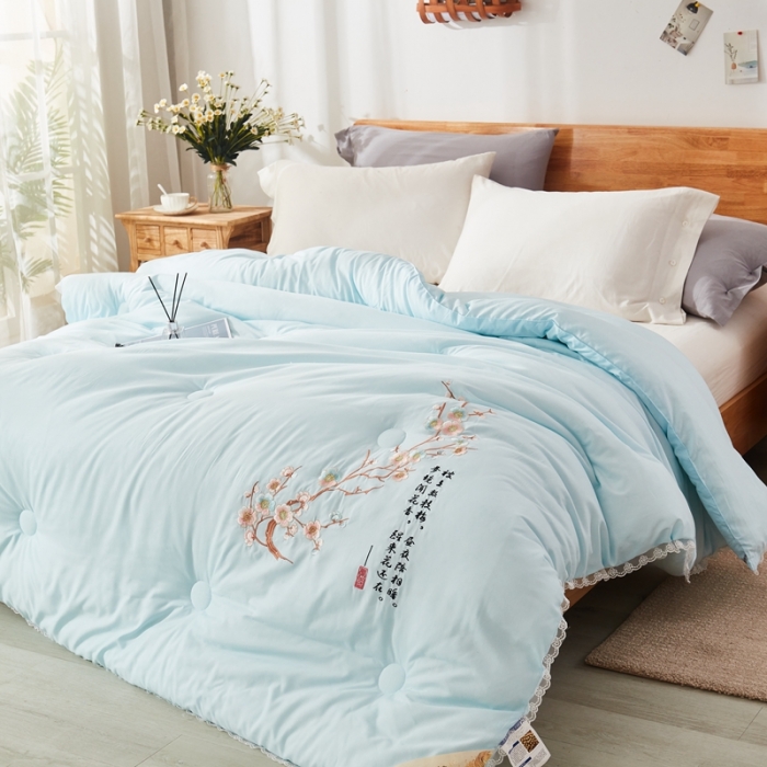 91家纺网 家纺一手货源 找家纺 啊雅家居2025新款肌理纹绣花花边羽丝绒被夜香梅 天兰色