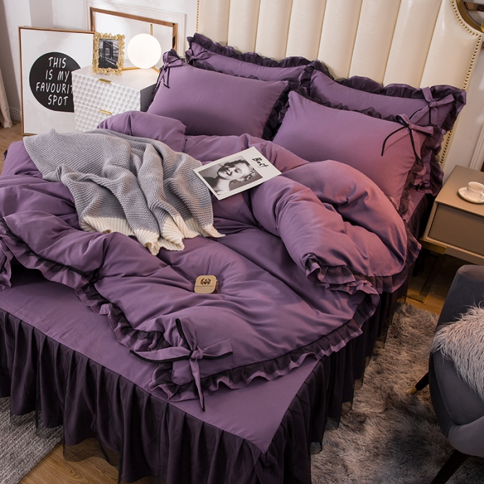 91家纺网 家纺一手货源 找家纺 金米诺 2020加厚韩版花边水洗棉磨毛四件套 丁香紫